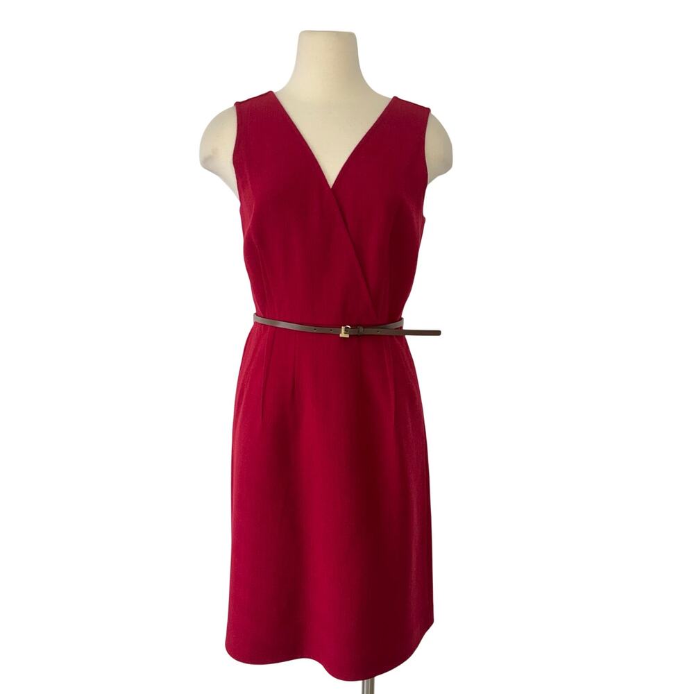 Lafayette 148 Sleeveless V-Neck Wool Dress Belted in Flame Red 6 NWT